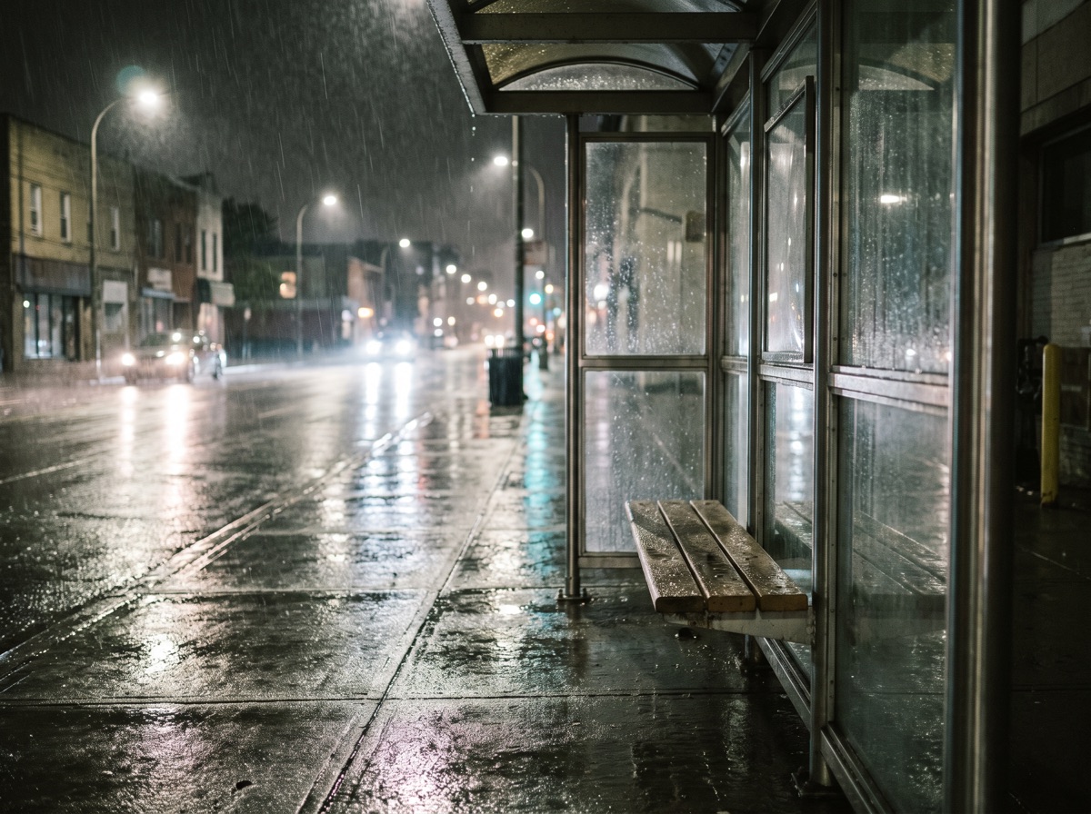 A bus shelter on an ordinary street at night in the rain, the bench empty.