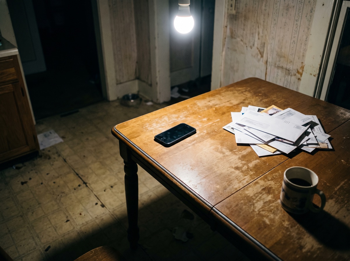 A worn kitchen table at night with unopened mail and a phone face down.