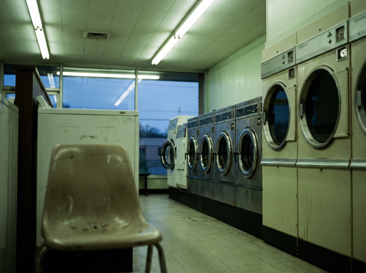 The inside of a small laundromat at dusk, empty, under fluorescent light.