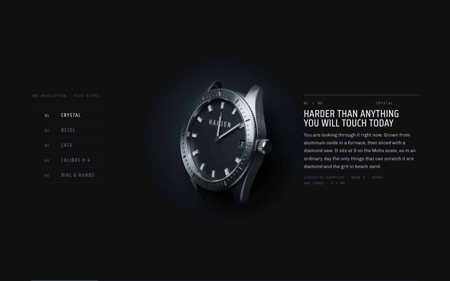Halden concept, a watchmaker's site where the watch turns through a full revolution as you scroll.