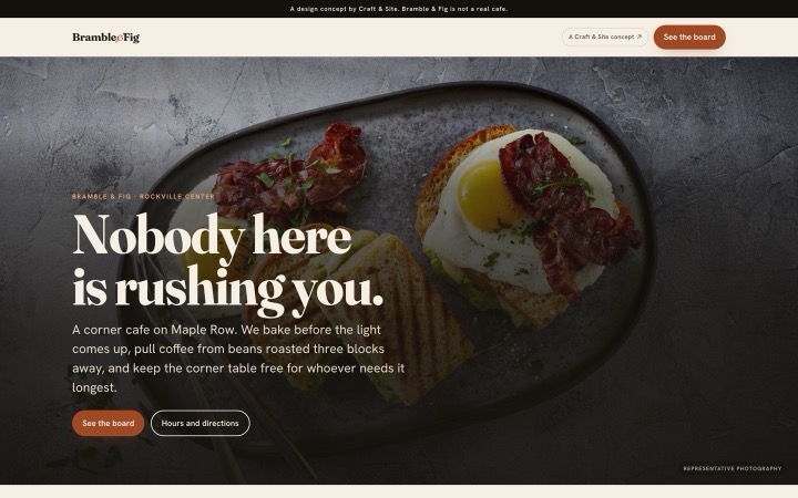 The Bramble & Fig concept homepage on a laptop: a warm cafe hero photograph with the shop name, opening hours and an order button.