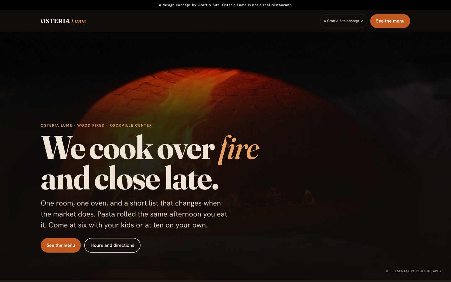 The Osteria Lume concept, a wood fired restaurant site with the menu open.