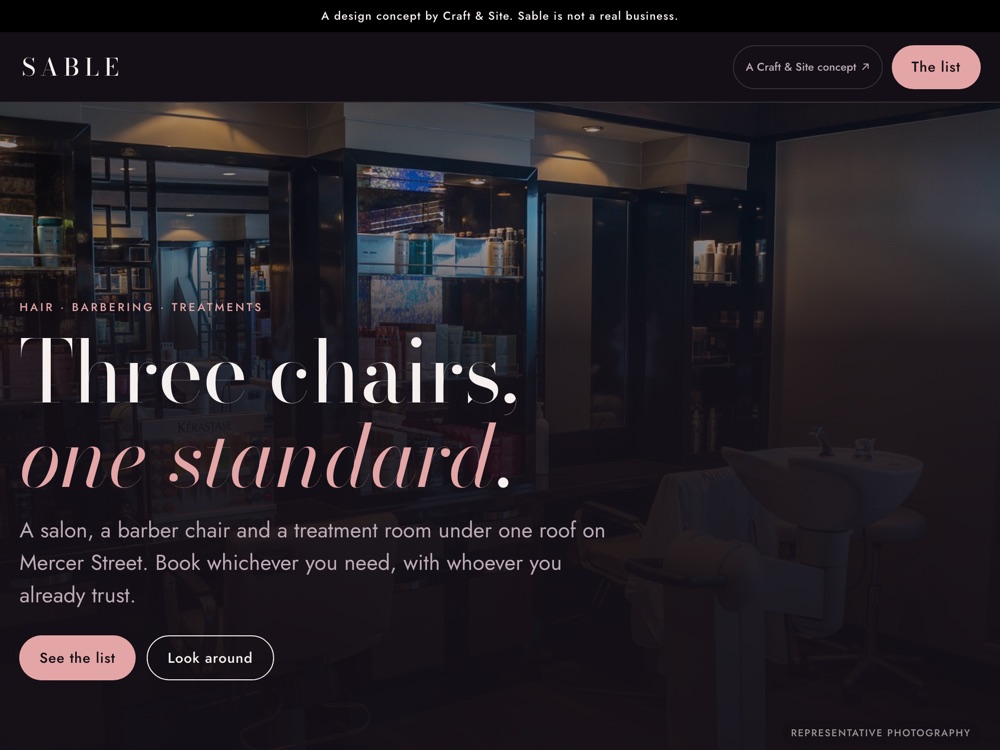 The Sable concept, a salon, barbershop and treatment room site built by Craft and Site.